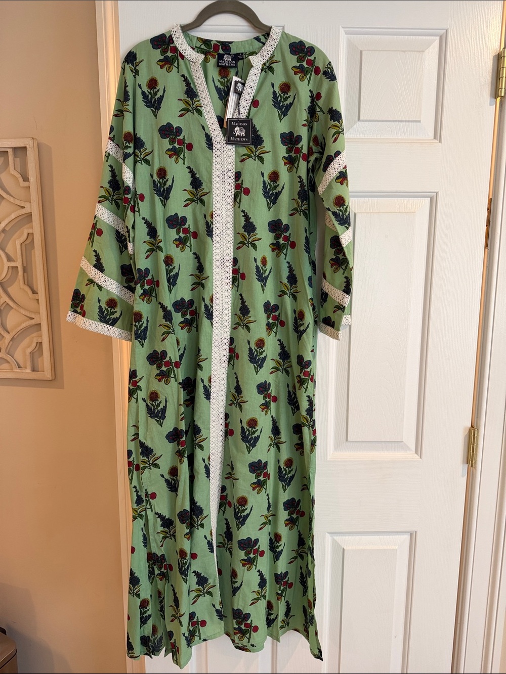 Sage Green Floral Maxi Dress with Lace Trim